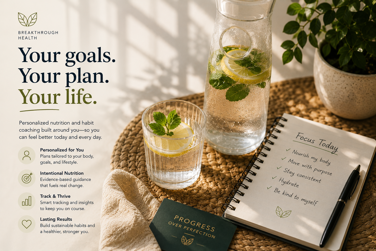 Breakthrough Health visual showing hydration, daily intentions, and personalized health goals in a warm lifestyle setting.